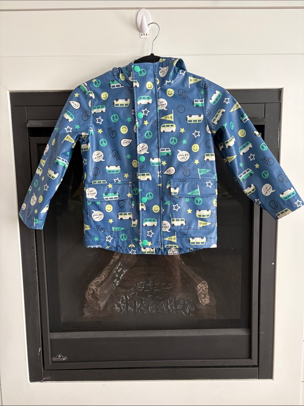 Kids Blue Patterned Waterproof Hooded Rain Jacket